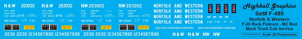 F-495 – Norfolk & Western F-20 53′ Flatcars w/racks for Mack Cab loading