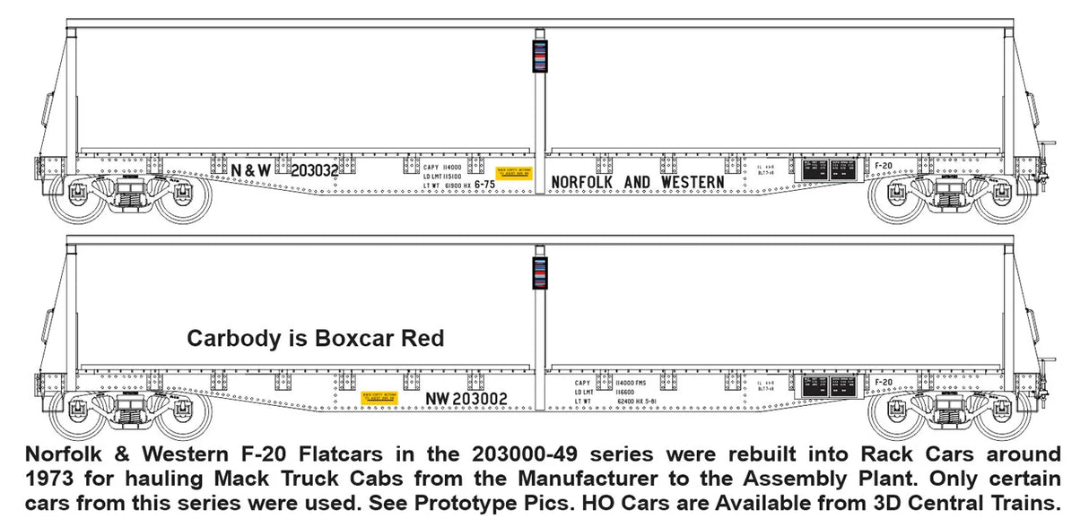 F-495 – Norfolk & Western F-20 53′ Flatcars w/racks for Mack Cab loading