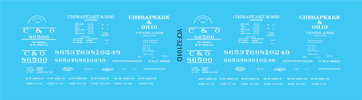 Chesapeake and Ohio C&O Ventilated Boxcar XV V4-1 Decals - YCF-32101D