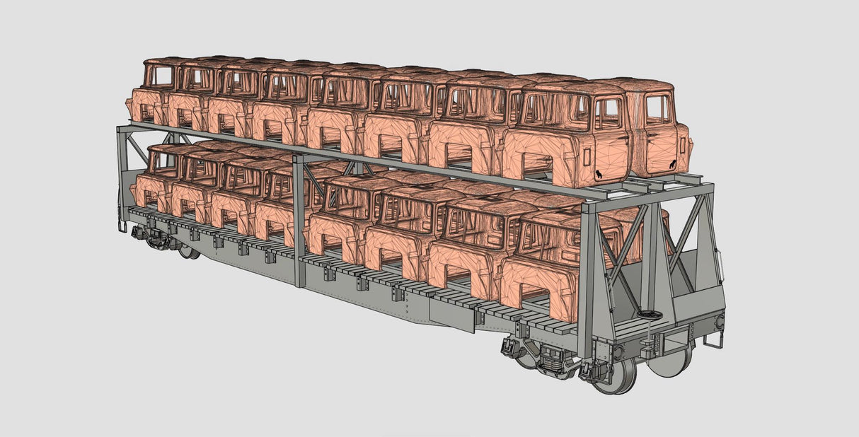 35102 N&W F20 Flat Car Load - 32 Mack R Cabs - NO vent